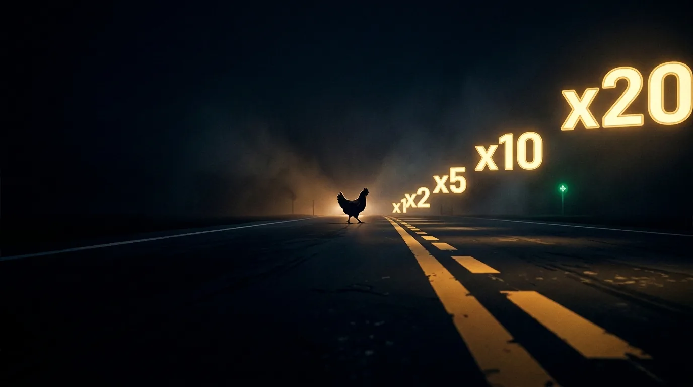A night road with a chicken crossing mid-distance and multipliers rising away into the dark