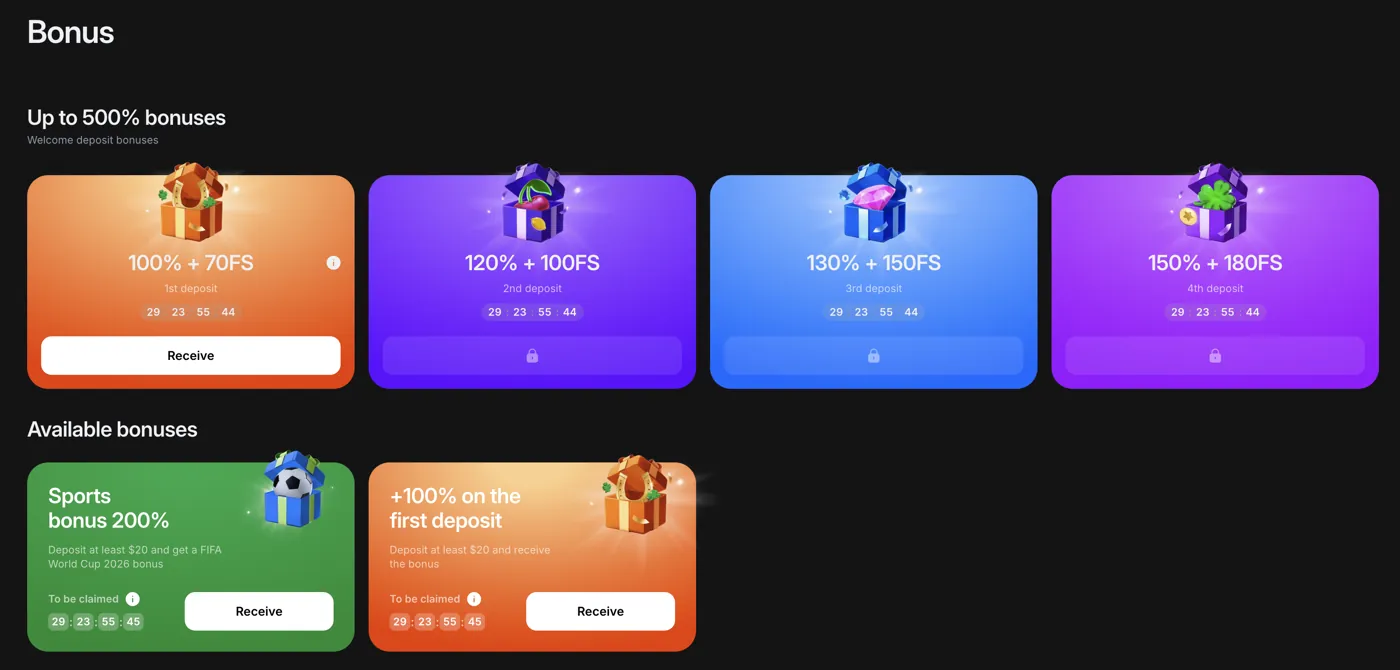 1win bonus screen