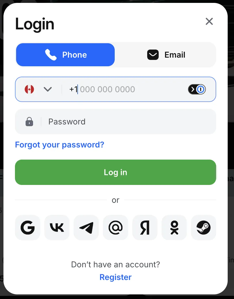 1win login screen