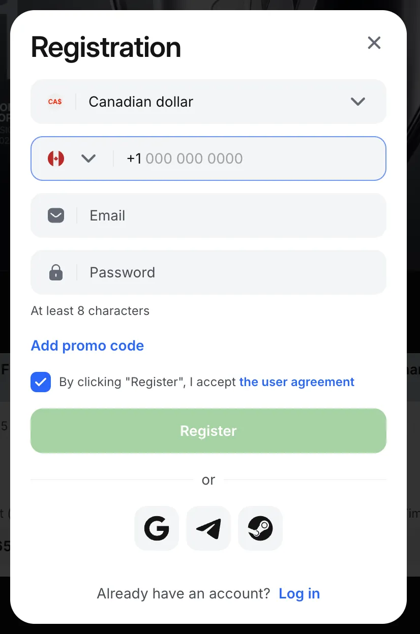 1win register screen