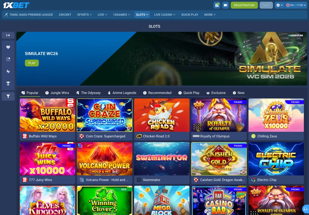 1xBet India casino catalogue showing Chicken Road 2.0 among the games