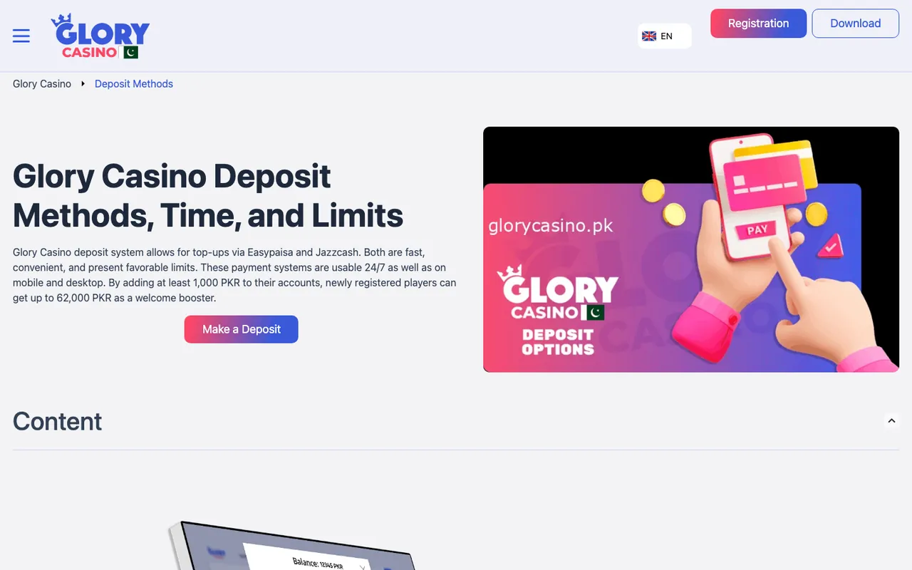 Glory Casino deposit page for Pakistan showing Easypaisa and JazzCash limits