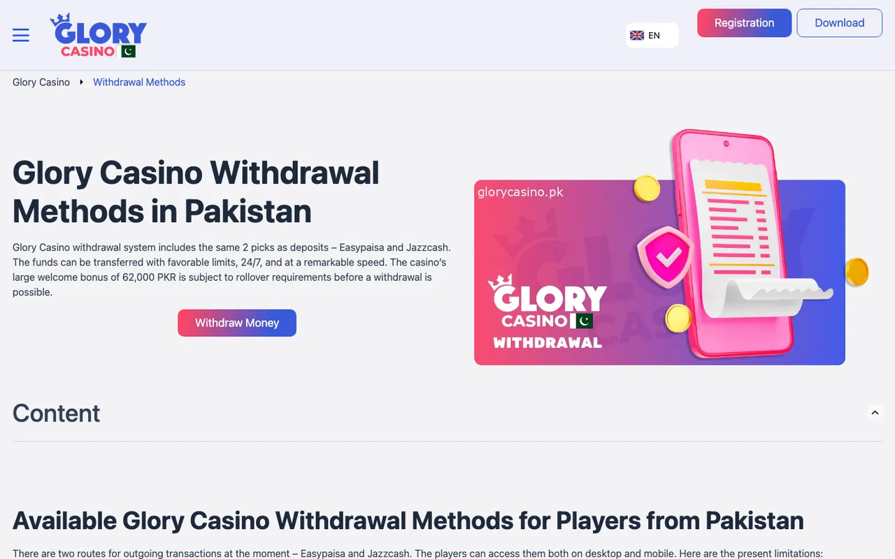 Glory Casino withdrawal page for Pakistan showing the 1,500 PKR minimum