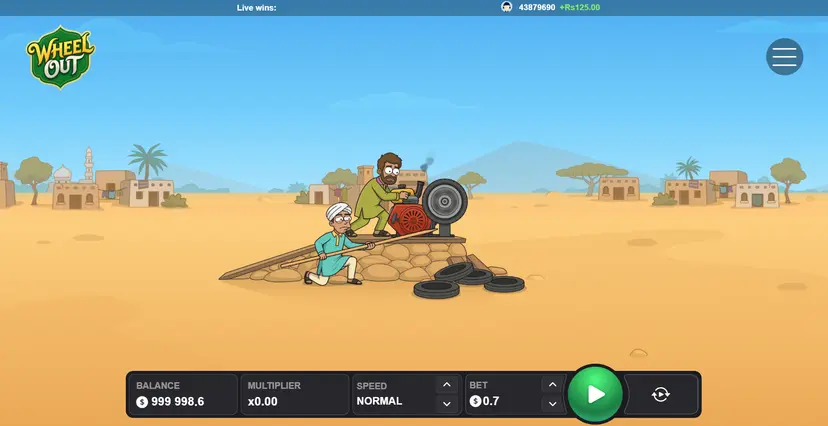 The INOUT engine interface: balance bottom left, running multiplier, speed selector, bet field and the cash-out button